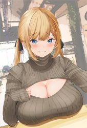 Rule 34 | 1girl, absurdres, black ribbon, blonde hair, blue eyes, blush, breast rest, breasts, breasts on table, cleavage, grey sweater, hair ribbon, highres, huge breasts, long hair, looking at viewer, neneneji, original, ribbed sweater, ribbon, sleeves past wrists, smile, solo, sweater, teeth, turtleneck, turtleneck sweater, upper body