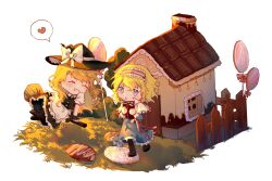 Rule 34 | 2girls, alice margatroid, apron, blonde hair, blue dress, blue eyes, boots, bow, braid, broom, broom riding, bush, candy, dress, fence, food, frilled apron, frilled dress, frilled hairband, frilled shirt collar, frills, grass, hair bow, hairband, hat, heart, highres, house, house of candy, kirisame marisa, lollipop, long hair, multiple girls, muyacuo16, open mouth, short hair, smile, speech bubble, teeth, touhou, white apron, white background, witch, witch hat, wooden fence