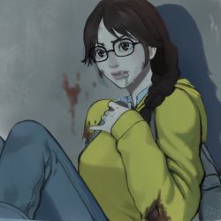 Rule 34 | 1girl, 5tatsu, absurdres, blood, blood on clothes, blood on face, blood on wall, blue pants, braid, breasts, brown eyes, brown hair, denim, glasses, hand on own chest, highres, hood, hood down, hoodie, injury, jeans, key, keys in mouth, leaning back, long hair, long sleeves, looking to the side, medium breasts, pants, parted bangs, parted lips, resident evil, resident evil: resistance, sitting, solo, sweat, torn clothes, upper body, valerie harmon, yellow hoodie
