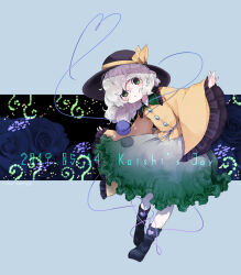 Rule 34 | 1girl, black footwear, black hat, blouse, blush, boots, bow, buttons, closed mouth, diamond button, eyeball, frilled shirt collar, frilled skirt, frilled sleeves, frills, full body, green eyes, green skirt, grey hair, hat, hat bow, hat ribbon, heart, heart of string, highres, iiwake, koishi day, komeiji koishi, leaning to the side, long sleeves, looking at viewer, medium hair, ribbon, shirt, skirt, smile, solo, third eye, touhou, wavy hair, wide sleeves, yellow bow, yellow ribbon, yellow shirt