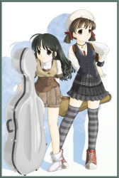 Rule 34 | 2girls, ahoge, black hair, border, bow, brown eyes, brown hair, cello case, dress, green eyes, hair bow, hand on own hip, hat, highres, instrument case, jewelry, leaning forward, long hair, multiple girls, necklace, necktie, original, pleated skirt, shadow, shoes, short hair, short twintails, shorts, skirt, smile, striped clothes, striped legwear, striped thighhighs, thighhighs, twintails, wavy hair, yosuzume (power sketch book), zettai ryouiki
