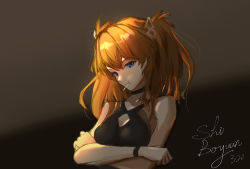 Rule 34 | 1girl, :t, absurdres, black dress, blue eyes, bracelet, breasts, candy, center opening, chinese commentary, choker, crossed arms, dated, dress, food, hair ornament, highres, jewelry, lollipop, looking at viewer, medium breasts, medium hair, neon genesis evangelion, nose, orange hair, pout, shi boyuan, sidelighting, signature, solo, souryuu asuka langley, two side up, upper body