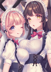 Rule 34 | 2girls, :3, :q, animal ears, asymmetrical docking, blue eyes, blush, bow, bowtie, breast press, breasts, brown hair, cat ears, closed mouth, commentary request, drill hair, from side, highres, large breasts, long hair, looking at viewer, looking to the side, maid, maid headdress, multiple girls, one eye closed, orange eyes, original, pink hair, purple eyes, red neckwear, sakura shiho, sash, tongue, tongue out, twin drills