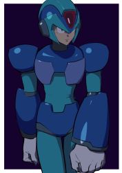 Rule 34 | 1boy, absurdres, android, armor, arms at sides, blue bodysuit, blue headwear, bodysuit, border, closed mouth, commentary request, frown, gloves, green eyes, helmet, highres, hoshi mikan, looking to the side, male focus, mega man (series), x (mega man), mega man x (series), outside border, purple background, robot ears, serious, solo, standing, white border, white gloves