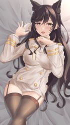 Rule 34 | 1girl, absurdres, animal ears, atago (azur lane), azur lane, black hair, black thighhighs, blush, breasts, brown eyes, dog ears, extra ears, highres, large breasts, long hair, looking at viewer, lying, military, military uniform, miniskirt, mole, mole under eye, open mouth, shiroinu (shiroinu 283p), skirt, smile, solo, thighhighs, uniform, white background, white uniform