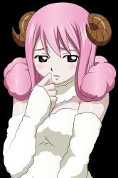 Rule 34 | aries (fairy tail), black background, blush, breasts, curvy, fairy tail, finger on chin, highres, looking at viewer, pink hair, purple eyes, ram horns