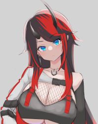 Rule 34 | 1girl, absurdres, arm strap, bikini, black bikini, black hair, blue eyes, blush, breasts, closed mouth, commentary request, compression sleeve, demon girl, demon horns, expressionless, fishnet top, fishnets, grey background, head tilt, highres, horns, jacket, large breasts, long hair, looking at viewer, mint november11, multicolored hair, nanashi inc., no eyewear, official alternate costume, pointy ears, red hair, ryugasaki rene, ryugasaki rene (2nd costume), shrug (clothing), simple background, single sleeve, solo, striped clothes, striped jacket, sugar lyric, swimsuit, two-tone hair, underboob, upper body, virtual youtuber, white jacket
