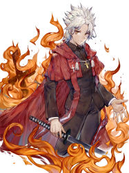 Rule 34 | 1boy, absurdres, amakusa shirou (fate), black jacket, black pants, burning, cape, closed mouth, collared jacket, commentary request, cowboy shot, cross, cross necklace, fate/apocrypha, fate (series), fire, highres, holding, holding sword, holding weapon, jacket, jewelry, katana, long sleeves, looking at viewer, male focus, necklace, pants, red cape, rosette (yankaixuan), smile, solo, standing, sword, weapon, white background, white hair, wing collar, yellow eyes