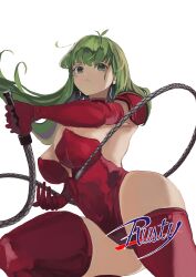 Rule 34 | 1girl, absurdres, boots, breasts, covered navel, elbow gloves, geanick86, gloves, green eyes, green hair, hand up, highres, holding, holding whip, knee boots, large breasts, leotard, logo, long hair, parted lips, red footwear, red gloves, red leotard, rusty (pc-98), simple background, solo, thighs, weapon, whip, white background