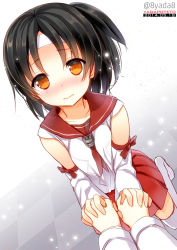 Rule 34 | 10s, 1girl, 2014, artist name, bad id, bad pixiv id, black hair, blush, brown eyes, checkered floor, dated, detached sleeves, dutch angle, floor, headband, holding hands, kantai collection, kneeling, looking at viewer, nagara (kancolle), pov, short hair, side ponytail, solo focus, thighhighs, wavy mouth, white thighhighs, yadapot