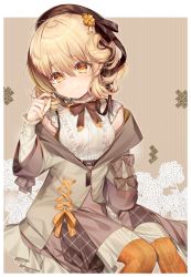 Rule 34 | beret, black hat, blonde hair, center frills, character request, chi no, copyright request, frilled shirt, frilled sleeves, frills, hat, highres, off shoulder, pantyhose, shirt, short hair, sitting, twirling hair, white shirt, yellow eyes, yellow pantyhose