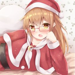 Rule 34 | 10s, 1girl, bad id, bad twitter id, belt, black belt, blush, brown hair, cape, capelet, cherry print, collarbone, commentary request, crescent, dress, food print, fur trim, glasses, hamalu, hand on own face, hat, highres, indoors, kantai collection, long hair, looking at viewer, lying, mochizuki (kancolle), on side, open mouth, red-framed eyewear, red cape, red dress, santa costume, santa hat, solo, yellow eyes