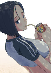 Rule 34 | 1girl, back, black hair, blue eyes, blush, breasts, buruma, can, check commentary, close-up, commentary request, crop top, day, drink, drink can, drinking, drinking straw, drinking straw in mouth, from behind, gradient background, gym uniform, hayato rock, highres, holding, holding can, looking back, medium breasts, original, outdoors, parted bangs, shade, shadow, short hair, short sleeves, solo, sportswear, standing, sweat, sweat stain, underboob