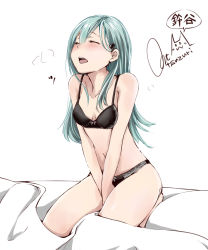 Rule 34 | 10s, 1girl, bare shoulders, black bra, black panties, blush, bra, breath, closed eyes, green hair, hair ornament, hairclip, heavy breathing, kantai collection, long hair, navel, on bed, open mouth, panties, rizzl, sexually suggestive, signature, simple background, sneezing, solo, suzuya (kancolle), underwear, underwear only, white background