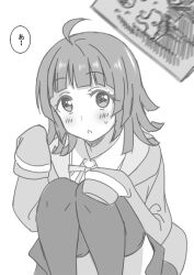Rule 34 | ..., 1girl, ahoge, arm up, blunt bangs, blunt ends, blurry, blurry foreground, blush, commentary, greyscale, hand on own knee, hood, hoodie, looking at viewer, love live!, love live! nijigasaki high school idol club, marugoshi teppei, medium hair, monochrome, nijigasaki school uniform, parted lips, school uniform, sitting, sketchbook, sleeves past fingers, sleeves past wrists, solo, speech bubble, surprised, sweatdrop, tennoji rina, thighhighs, translated, white background, zettai ryouiki