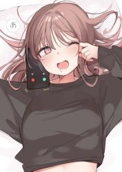 Rule 34 | 1girl, black shirt, blush, breasts, brown eyes, brown hair, cellphone, commentary request, hair between eyes, highres, long hair, long sleeves, looking at viewer, lying, on back, one eye closed, open mouth, original, phone, rubbing eyes, saliva, shin no tenpii, shirt, smartphone, solo, speech bubble, tearing up, translation request, upper body