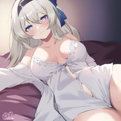 Rule 34 | 1girl, babydoll, bed sheet, black hairband, blush, breasts, breasts apart, collarbone, commentary, dodosako, firefly (honkai: star rail), front-tie top, gradient eyes, grey hair, hairband, highres, honkai: star rail, honkai (series), leaning to the side, light smile, long hair, looking at viewer, lying, medium breasts, multicolored eyes, on back, pink eyes, purple eyes, robe, signature, solo, spaghetti strap, sweat, white babydoll, white robe