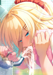Rule 34 | 1girl, akai haato, blonde hair, blue eyes, commentary request, drinking, faucet, hair ornament, hair scrunchie, hairclip, hands up, highres, hololive, long hair, looking away, magowasabi, nail polish, open mouth, pink towel, red nails, scrunchie, shirt, short sleeves, signature, solo, towel, twitter username, virtual youtuber, water, white shirt