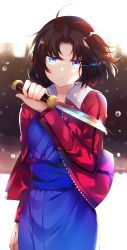 Rule 34 | 1girl, ahoge, artist name, blue eyes, brown hair, bubble, closed mouth, fate/grand order, fate (series), glowing, glowing eyes, highres, holding, holding knife, kara no kyoukai, knife, long sleeves, looking at viewer, ryougi shiki, short hair, solo, twitter username, type-moon, xionfes