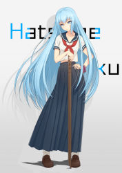 Rule 34 | &gt;:/, 1girl, :/, anarchojs, black skirt, blue eyes, blue hair, blush, bokken, bracelet, brown footwear, character name, closed mouth, commentary request, contrapposto, delinquent, full body, grey background, hair down, hand on own hip, hatsune miku, highres, jewelry, legs apart, loafers, long hair, long skirt, looking at viewer, pleated skirt, school uniform, serafuku, shirt, shoes, short sleeves, simple background, skirt, socks, solo, standing, sukeban, sword, v-shaped eyebrows, very long hair, vocaloid, weapon, white shirt, white socks, wooden sword