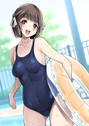 Rule 34 | 1girl, black hair, blue one-piece swimsuit, breasts, brown eyes, commentary request, cowboy shot, hair ribbon, highres, innertube, new school swimsuit, one-piece swimsuit, open mouth, original, poolside, railing, ribbon, school swimsuit, shiruco, short hair, small breasts, smile, solo, swim ring, swimsuit, teeth, upper teeth only