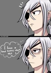 Rule 34 | 1girl, black eyes, chainsaw man, closed mouth, eyepatch, grey background, highres, multiple views, quanxi (chainsaw man), simple background, white hair