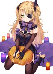 Rule 34 | 1girl, ankle boots, bad id, bad pixiv id, bare shoulders, black footwear, black gloves, black nails, black thighhighs, blonde hair, blush, boots, bow, breasts, candle, candlelight, commentary request, detached sleeves, dress, eyepatch, fischl (genshin impact), gem, genshin impact, gloves, green eyes, hair over one eye, hair ribbon, high heels, highres, hyonee, jack-o&#039;-lantern, long hair, looking at viewer, medium breasts, nail polish, parted lips, pumpkin, ribbon, single thighhigh, sitting, solo, sweatdrop, teeth, thighhighs, two side up, wariza, white background