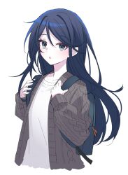 Rule 34 | 1girl, :o, absurdres, backpack, bag, black cardigan, black eyes, blue hair, blush, cable knit, cardigan, collarbone, cropped torso, hair between eyes, hands on own chest, highres, hoshino ichika (project sekai), long hair, long sleeves, looking at viewer, open cardigan, open clothes, open mouth, parted bangs, project sekai, reference inset, ritzchrono, shirt, sidelocks, simple background, solo, straight hair, white background, white shirt