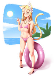 Rule 34 | 1girl, animal ear fluff, animal ears, arm behind back, bare shoulders, beach, bikini, blonde hair, blue sky, bracelet, breasts, cat ears, cat girl, cat tail, cloud, commentary, day, english commentary, flower, full body, hair flower, hair ornament, highres, innertube, jewelry, long hair, looking at viewer, mazume, navel, necklace, original, outdoors, pink bikini, sky, small breasts, solo, standing, sun, swim ring, swimsuit, tail, yellow eyes