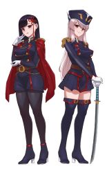 Rule 34 | 2girls, black hair, blush, boots, breasts, cape, carbon12th, gloves, hair ornament, hat, high heel boots, high heels, long hair, mato seihei no slave, medium breasts, military uniform, multiple girls, open mouth, pantyhose, pink hair, skirt, smile, standing, sword, thigh boots, transparent background, uniform, uzen kyouka, weapon, yamashiro ren