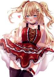 Rule 34 | 1girl, absurdres, akai haato, akai haato (gothic lolita), black choker, black thighhighs, blonde hair, blue eyes, blush, bow, breasts, choker, clothes lift, dress, dress lift, fang, gothic lolita, hair bow, hair ornament, heart, heart hair ornament, highres, hololive, large breasts, lifted by self, lolita fashion, long hair, looking at viewer, open mouth, red bow, red dress, skin fang, smile, solo, t4n4k4 no yosei, thigh strap, thighhighs, twintails, virtual youtuber, x hair ornament