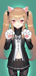 Rule 34 | 1girl, :3, animal ears, animal hands, bad id, bad pixiv id, black bow, black pantyhose, black skirt, blouse, blush, bow, brown hair, cat ears, cat paws, closed mouth, fang, girls&#039; frontline, green background, hair between eyes, hair bow, heart, heart-shaped pupils, highres, long hair, looking at viewer, pantyhose, red eyes, shirt, simple background, skirt, smile, solo, standing, symbol-shaped pupils, topu, twintails, ump9 (girls&#039; frontline), white shirt