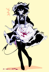 +++ 1girl :d alternate_costume animal_ears apron apron_lift artist_self-insert back_bow bell black_collar black_dress black_eyes black_hair black_tail blood blood_on_clothes bow clothes_lift collar colored_skin commentary demon_tail dress english_commentary enmaided frilled_apron frills full_body hair_between_eyes highres juliet_sleeves k0re_drawings long_sleeves looking_at_viewer maid maid_headdress neck_bell no_shoes open_mouth original petticoat pigeon-toed puffy_sleeves shadow short_hair simple_background smile solo standing standing_on_one_leg tail thighhighs white_apron white_bow white_headdress white_skin yellow_background zettai_ryouiki