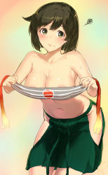 Rule 34 | 10s, 1girl, blush, breasts, brown eyes, brown hair, collarbone, commentary request, covering privates, covering breasts, green skirt, hakama, hakama short skirt, hakama skirt, unworn headband, hip vent, hiryuu (kancolle), hiryuu kai ni (kancolle), japanese clothes, jewelry, kantai collection, large breasts, leaning forward, looking at viewer, navel, no panties, poco (backboa), ring, short hair, skirt, solo, standing, topless