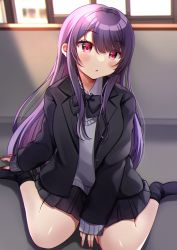 Rule 34 | 1girl, bad id, bad pixiv id, black bow, black jacket, black skirt, black socks, blazer, blurry, blurry background, blush, bow, collared shirt, commentary request, day, depth of field, dress shirt, grey sweater, hair between eyes, highres, indoors, jacket, minami saki, no shoes, open clothes, open jacket, open window, original, parted lips, pleated skirt, purple hair, red eyes, school uniform, shirt, sitting, skirt, socks, solo, sweater, wariza, white shirt, window