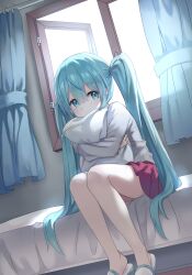 Rule 34 | 1girl, absurdres, bed, bedroom, blue eyes, blue hair, dutch angle, grey shirt, hair between eyes, hatsune miku, highres, ille (xcpa7325), indoors, long hair, long sleeves, looking at viewer, miniskirt, hugging object, pillow, pillow hug, pleated skirt, red skirt, shirt, sitting, skirt, slippers, solo, twintails, very long hair, vocaloid