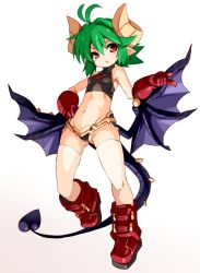 Rule 34 | 1girl, breasts, character request, demon girl, demon horns, demon tail, demon wings, gloves, horns, karukan (monjya), looking at viewer, open mouth, pointy ears, red eyes, short hair, simple background, solo, tail, white background, wings