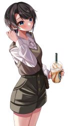 Rule 34 | 1girl, alternate costume, asymmetrical hair, bag, black hair, black shorts, blue eyes, blush, braid, breasts, brown vest, closed mouth, collared shirt, commentary, cowboy shot, cup, drink, french braid, frilled shirt, frills, hair ribbon, handbag, highres, holding, holding cup, holding drink, hololive, long sleeves, moonbell, oozora subaru, red ribbon, ribbon, shirt, shirt tucked in, short hair, short shorts, shorts, simple background, single braid, small breasts, solo, swept bangs, vest, virtual youtuber, white background, white shirt, wing collar