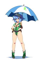 Rule 34 | 1girl, alternate costume, bad id, bad pixiv id, belt, blue eyes, blue hair, boots, breasts, female focus, full body, gloves, hair bobbles, hair ornament, hand on own hip, highres, kawashiro nitori, large breasts, looking at viewer, matching hair/eyes, meicha, one-piece swimsuit, pouch, race queen, short hair, simple background, smile, solo, swimsuit, touhou, twintails, two side up, umbrella, visor cap, white background