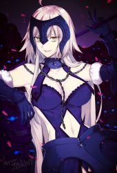 Rule 34 | 1girl, absurdres, ahoge, armor, artist name, black gloves, blonde hair, breasts, chain, choker, elbow gloves, fate/grand order, fate (series), gloves, glowing, glowing eyes, grin, headpiece, highres, jeanne d&#039;arc (fate), jeanne d&#039;arc alter (avenger) (fate), jeanne d&#039;arc alter (avenger) (third ascension) (fate), jeanne d&#039;arc alter (fate), kurono yuu, long hair, looking at viewer, navel, polearm, skull, smile, solo, very long hair, weapon, yellow eyes