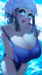 Rule 34 | 1girl, :p, akari (pokemon), alternate breast size, backlighting, bandana, bare shoulders, black hair, blue eyes, blue one-piece swimsuit, blush, breasts, cleavage, creatures (company), dripping, female focus, game freak, head tilt, large breasts, long hair, looking at viewer, nintendo, one-piece swimsuit, outdoors, pokemon, pokemon legends: arceus, pool, solo, sumisumii, swimsuit, thighs, tongue, tongue out, water, white headwear