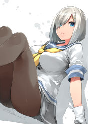 Rule 34 | 1girl, arm support, blue eyes, breasts, brown pantyhose, dated, dutch angle, gloves, grey skirt, hair ornament, hair over one eye, hairclip, hamakaze (kancolle), happa (cloverppd), highres, kantai collection, large breasts, lips, pantyhose, school uniform, serafuku, shadow, short hair, short sleeves, silver hair, sitting, skirt, solo, white background, white gloves