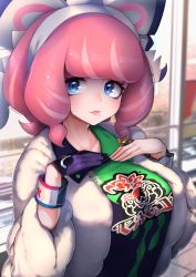 Rule 34 | 1girl, blue eyes, blush, bracelet, breasts, closed mouth, coat, collarbone, creatures (company), day, female focus, fur coat, game freak, glint, gloves, green shirt, hair ribbon, hairband, hands on own chest, hands up, happy, highres, jewelry, kashu (hizake), klara (pokemon), large breasts, lips, long sleeves, looking at viewer, mole, mole under mouth, nintendo, outdoors, pink hair, pink lips, pokemon, pokemon swsh, purple gloves, ribbon, ring, shirt, short hair, single glove, smile, solo, upper body, watch, white coat, white hairband, white ribbon, wristwatch