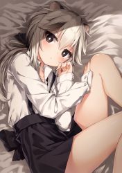 Rule 34 | 1girl, animal ears, bed sheet, black bow, black eyes, black skirt, blush, bow, closed mouth, collarbone, collared shirt, darnell, dress shirt, feet out of frame, hair between eyes, highres, knees up, long hair, long sleeves, looking at viewer, low ponytail, lying, on side, original, pleated skirt, ponytail, shirt, silver hair, skirt, sleeves past wrists, solo, suspender skirt, suspenders, white shirt