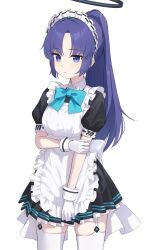 Rule 34 | 1girl, alternate costume, apron, black halo, blue archive, blue eyes, commentary, enmaided, garter straps, gloves, halo, highres, long hair, looking at viewer, maid, maid apron, maid headdress, puffy short sleeves, puffy sleeves, short sleeves, simple background, solo, tem (tempainting1), thighhighs, thighs, white background, white gloves, white thighhighs, yuuka (blue archive)