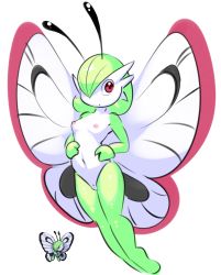 Rule 34 | 1girl, antennae, breasts, butterfly wings, butterfree, colored skin, creatures (company), elpatrixf, female focus, full body, fusion, game freak, gardevoir, gen 1 pokemon, gen 3 pokemon, green hair, green skin, hair over one eye, highres, insect wings, legs together, looking at viewer, multicolored skin, navel, nintendo, nipples, nude, pokemon, pokemon (creature), pussy, red eyes, shiny skin, short hair, simple background, small breasts, solo, two-tone skin, uncensored, white background, white skin, wings