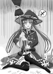 Rule 34 | 1girl, basket, belt, boots, broom, candy, food, gloom (expression), hair rings, hat, highres, looking at viewer, lyhbteuviujbirr, monochrome, necktie, open mouth, scared, sitting, solo, sweat, sweep tosho (umamusume), thigh boots, twintails, umamusume, witch hat
