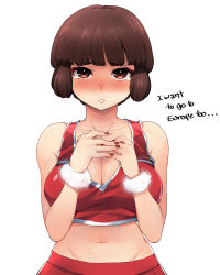 Rule 34 | 1girl, blunt bangs, blush, breasts, brown hair, cheerleader, cleavage, crop top, english text, full-face blush, isabeau (megami tensei), large breasts, looking at viewer, midriff, nail polish, naso4, navel, red eyes, shin megami tensei, shin megami tensei iv, shiny skin, shirt, short hair, simple background, solo, taut clothes, taut shirt, tears, white background