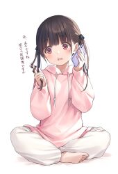 Rule 34 | 1girl, barefoot, black bow, blush, bow, brown hair, cellphone, commentary request, fang, full body, hair bow, hands up, highres, holding, holding hair, holding phone, hood, hood down, hoodie, indian style, long hair, long sleeves, na-ga, open mouth, original, pants, phone, pink hoodie, red eyes, simple background, sitting, skin fang, smartphone, solo, sweatpants, translation request, twintails, wavy mouth, white background, white pants