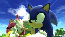 Rule 34 | 1boy, 1girl, amy rose, animated, animated gif, couple, closed eyes, gloves, green eyes, hand on another&#039;s face, hand on own face, sega, sky, sonic the hedgehog, sonic generations, sonic (series), talking, tree, white gloves